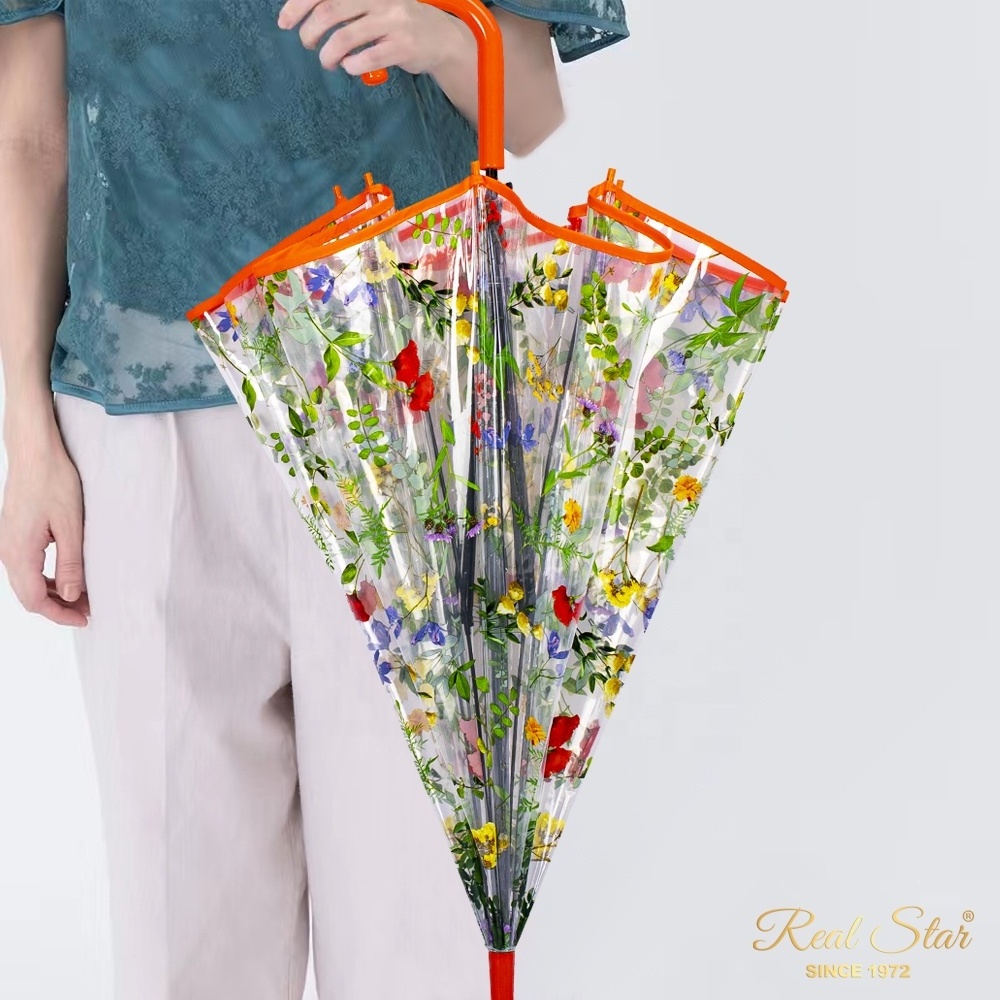 RST new arrival flower printing woman clear umbrella transparent girl umbrella