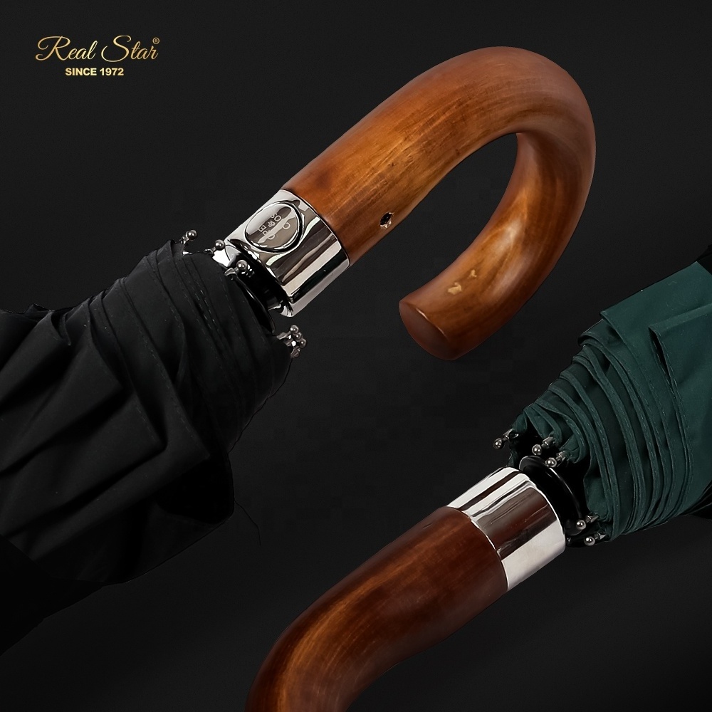 Real Star high quality luxury 280T pongee big size wood curved handle auto fold man umbrella