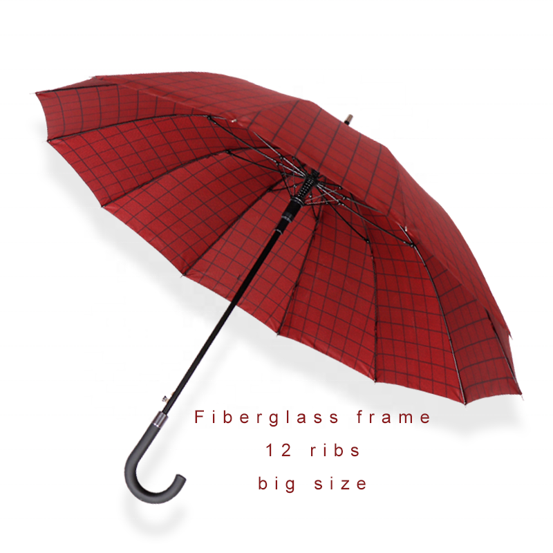 RST Real Star 12 ribs windproof straight umbrella all fiberglass frame straight J rubber coating handle rain citizen umbrella