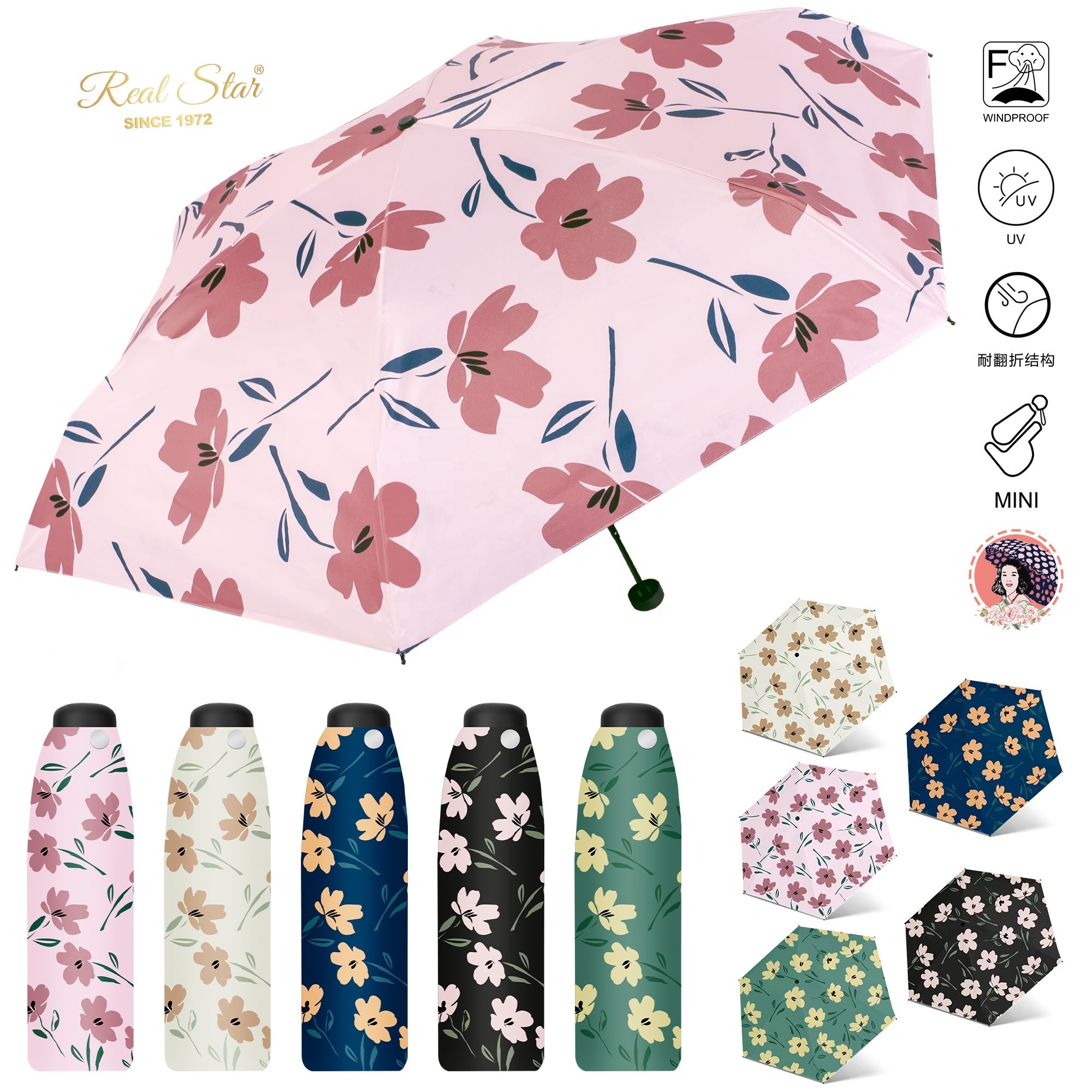 RST flower woman sun umbrella black coating small nice overall printing umbrellas