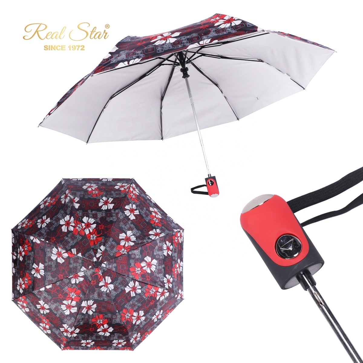 Happy Swan cheap flower design 3 fold auto open umbrella silver coated rain and sun umbrella