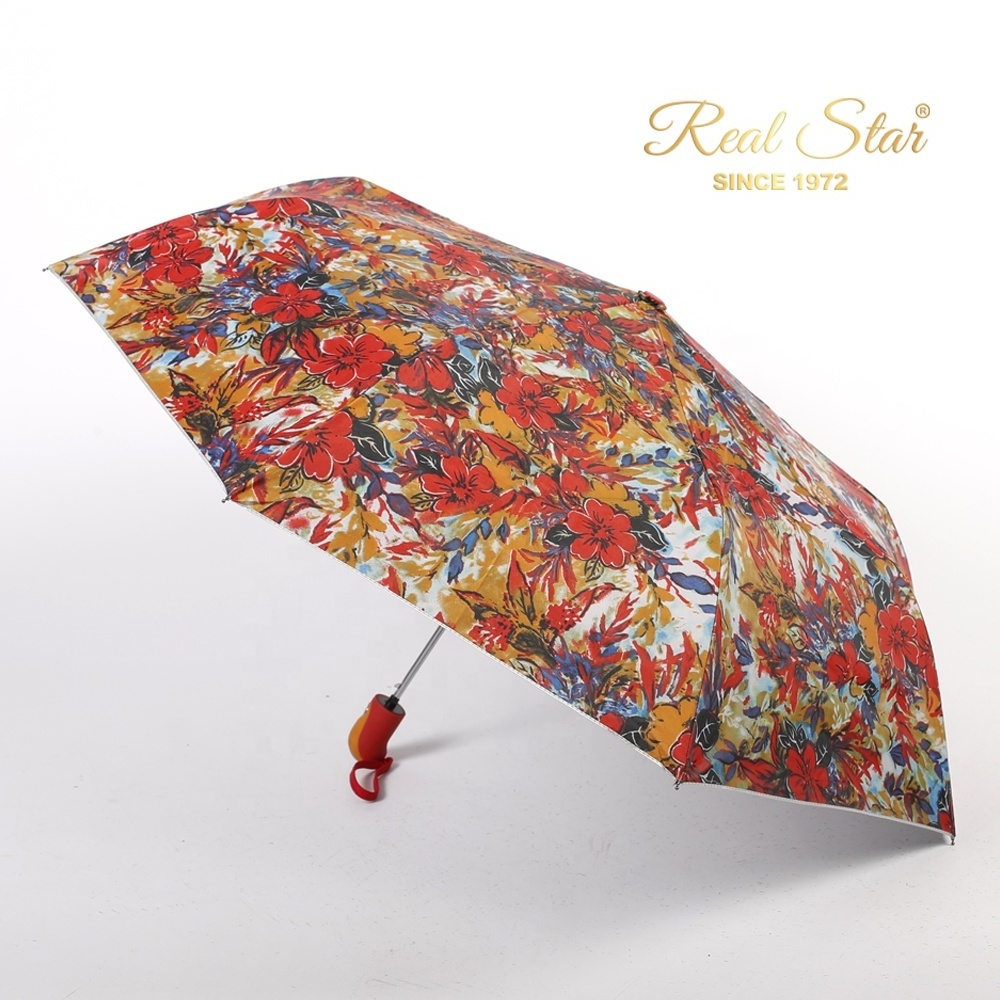 Happy Swan cheap flower design 3 fold auto open umbrella silver coated rain and sun umbrella