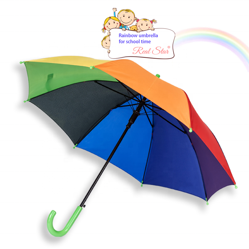 RST China manufacturer rainbow kid umbrella pongee fabric colorful child logo prints rain and sun umbrella