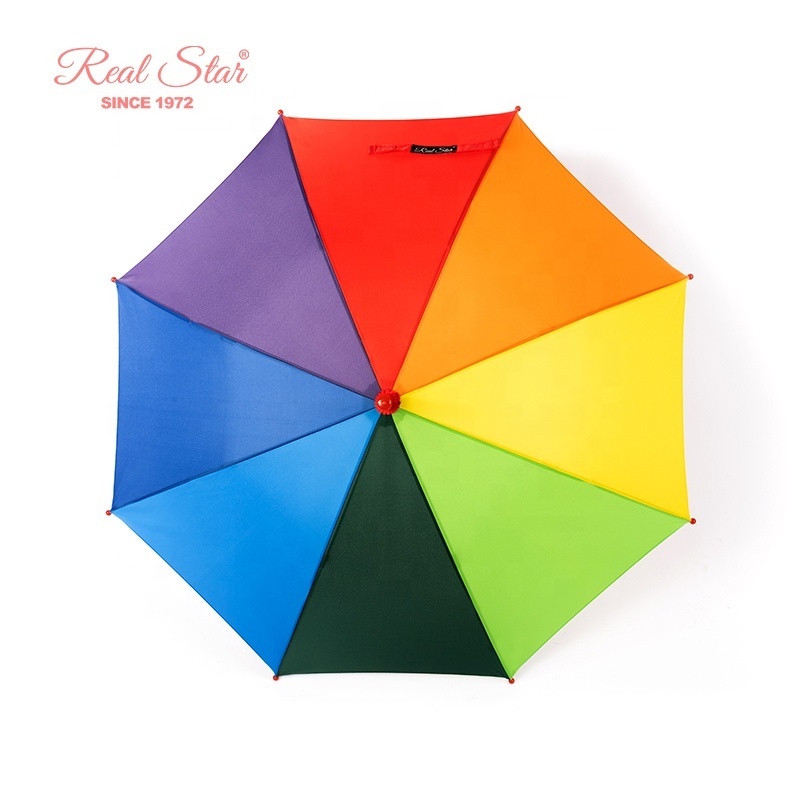 RST China manufacturer rainbow kid umbrella pongee fabric colorful child logo prints rain and sun umbrella