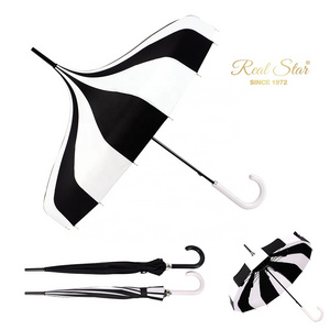 RST special custom leather handle umbrella 16 ribs black and white vintage Pagoda Umbrella