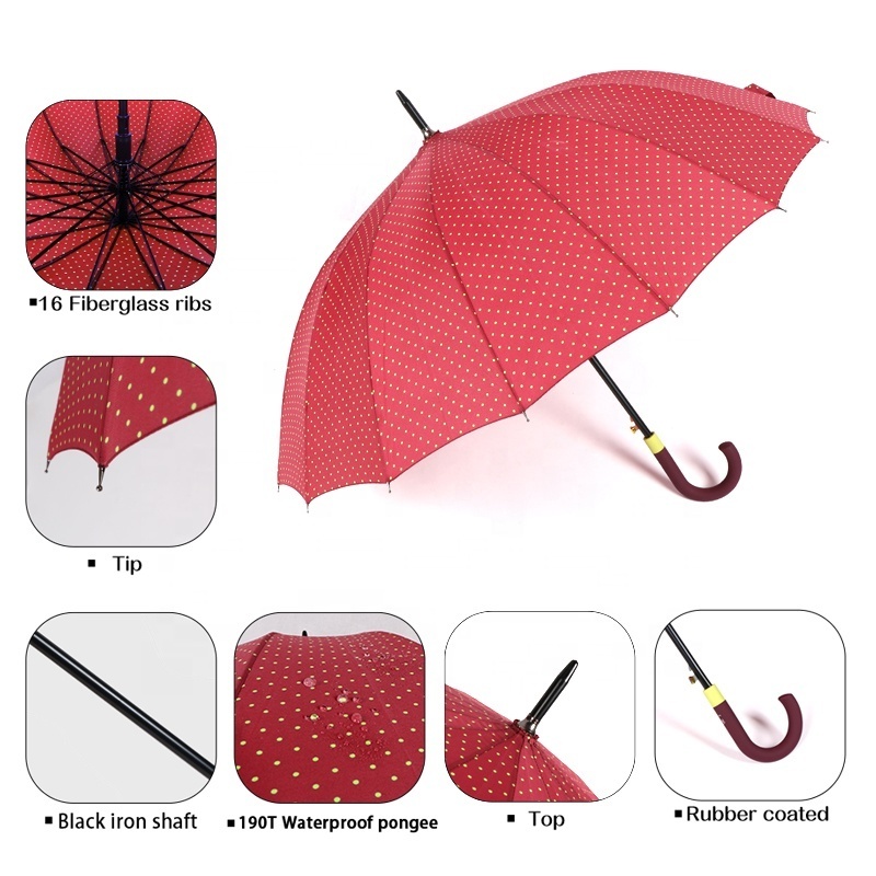 RST ladies fashion point design big 16 ribs straight red and white  umbrella with polka dots