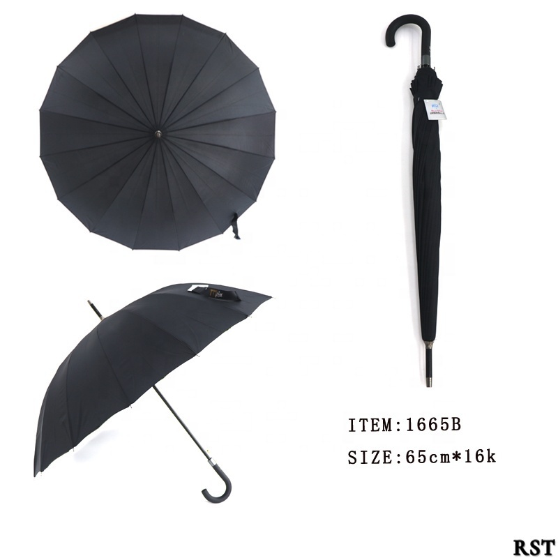 RST Yiwu 25''*16K straight advertising plain black 16 ribs custom logo prints rain long custom logo print umbrellas