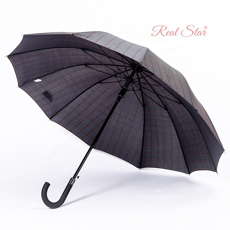 RST Real Star 12 ribs windproof straight umbrella all fiberglass frame straight J rubber coating handle rain citizen umbrella