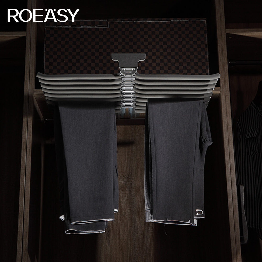 ROEASY Pull Out Trousers Rack Clothes Organizers Double Row Hanging Rod Top Mounted Sliding Pants Storage Rack