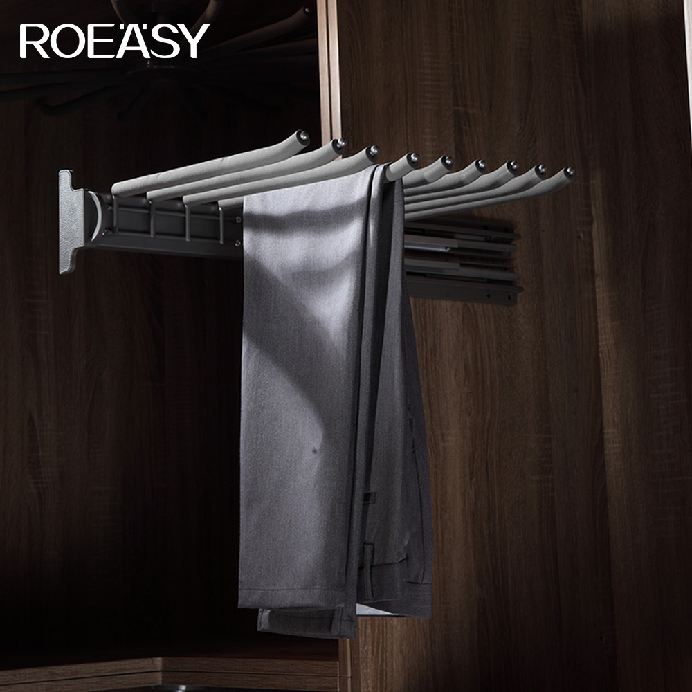 ROEASY Pull Out Trousers Rack Clothes Organizers Double Row Hanging Rod Top Mounted Sliding Pants Storage Rack