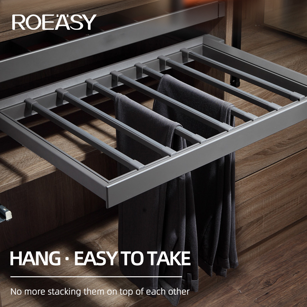 ROEASY Modern Wardrobe Clothes Organizer Pants Rack Pull Out Trouser Rack for Bedroom Closet Hardware