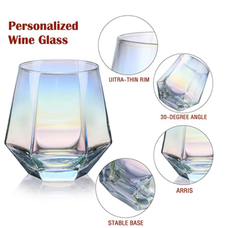 Diamond Stemless Wine Glass Set Of 6(14 Oz) Iridescent Glassware For Gift Modern Rainbow Wine Glass For Serving White Red Wine