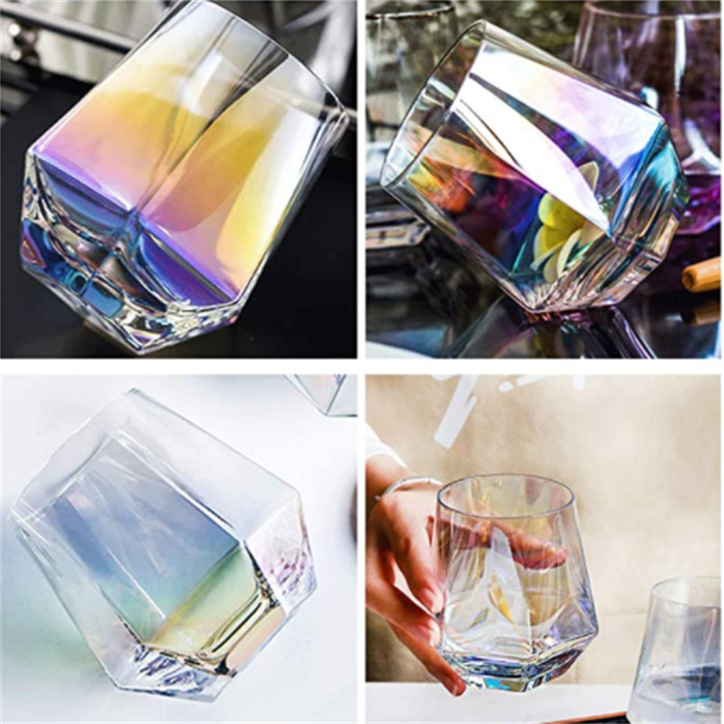 Diamond Stemless Wine Glass Set Of 6(14 Oz) Iridescent Glassware For Gift Modern Rainbow Wine Glass For Serving White Red Wine