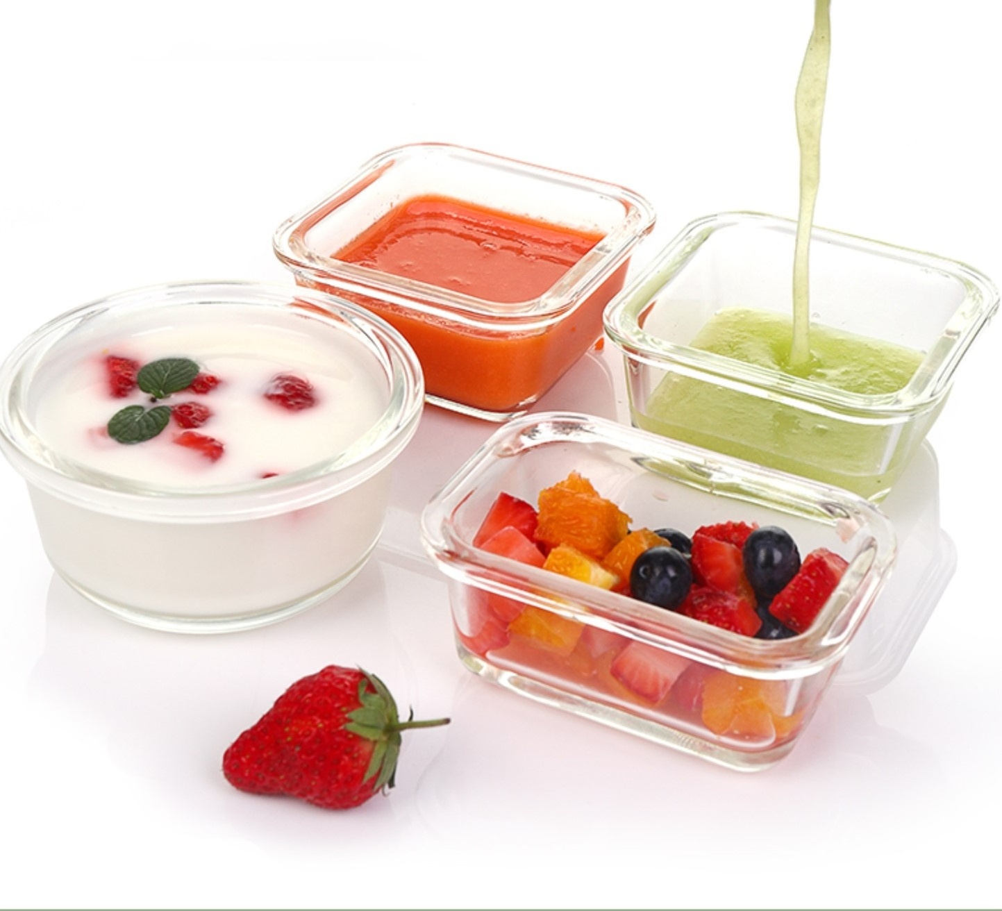 Mini Borosilicate Microwavable Oven Fridge Safe BPA Free Locking Lid Glass Bowl 4pcs Sets Airtight Baby Food Storage Containers