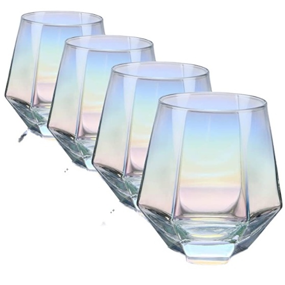 Diamond Stemless Wine Glass Set Of 6(14 Oz) Iridescent Glassware For Gift Modern Rainbow Wine Glass For Serving White Red Wine