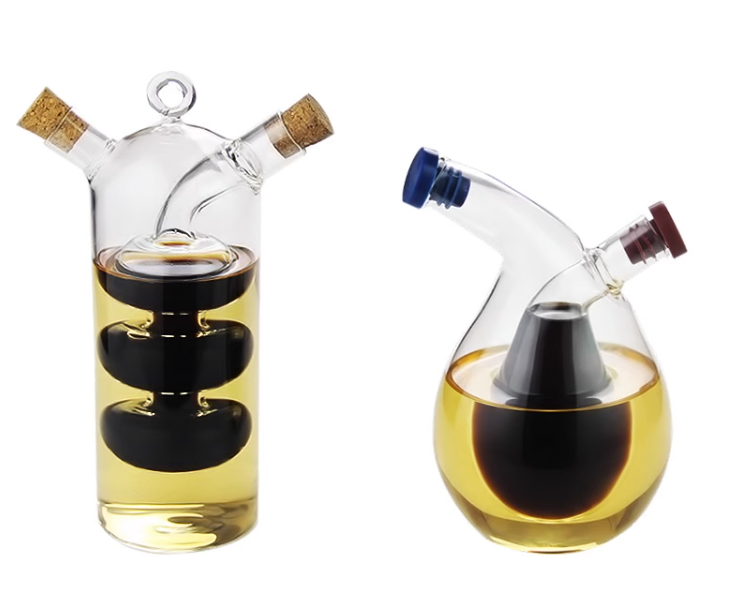 Customized borosilicate olive oil and vinegar dispenser bottle glass gravy boats 2 in 1 double wall caster cruet cork kettle