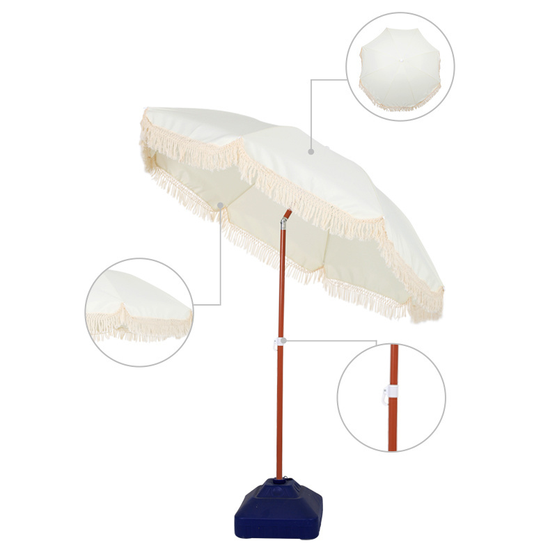 High quality UV sun protection outdoor parasol umbrella custom logo tassels beach umbrella with fringe