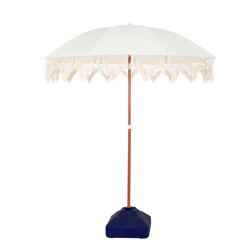 Custom luxury portable wooden pole beach umbrella with tassels outdoor 8 feet white sun parasol outdoor tassel beach umbrella