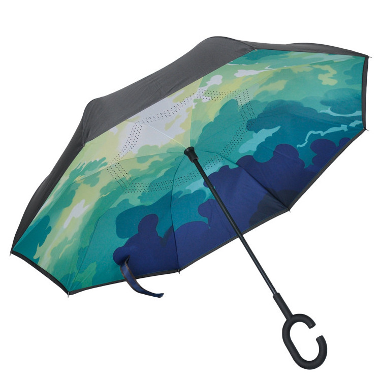 Factory custom printing logo reverse umbrella C handle double canopy straight umbrella inverted car umbrella