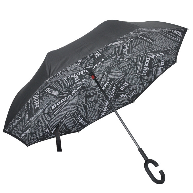 Factory custom printing logo reverse umbrella C handle double canopy straight umbrella inverted car umbrella