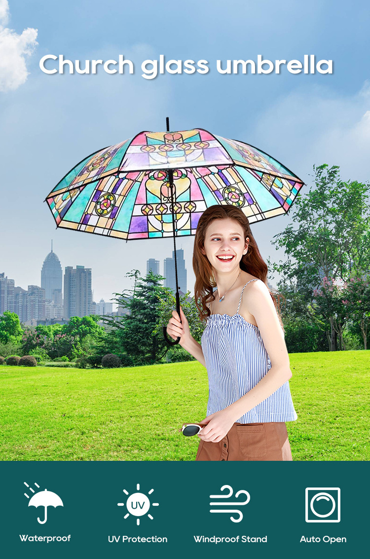 Umbrella Automatic Wholesale Japan 23 inch Church Glass Umbrella Transparent POE Straight Rod Long Handle Clear Umbrella