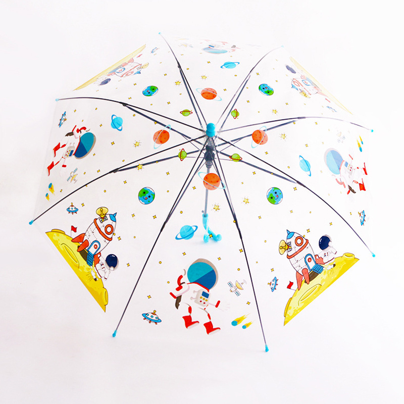 Children's Umbrella Adjustable Pattern Logo 19 inch Transparent Straight Rod Automatic POE Umbrella for Children