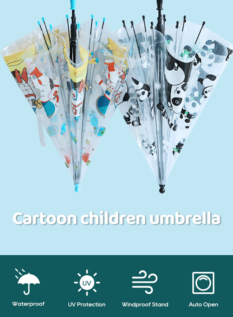 Children's Umbrella Adjustable Pattern Logo 19 inch Transparent Straight Rod Automatic POE Umbrella for Children