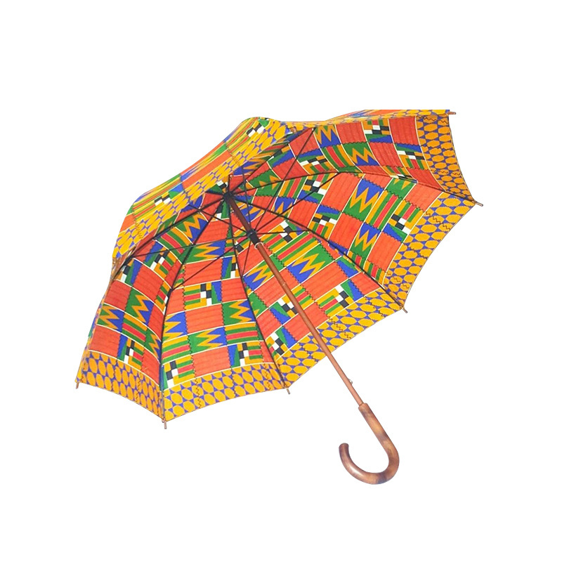 Beautiful Umbrella New Design African Windproof and UV Resistant Ankara Printed Umbrella with Printed Wood Handle Sun Umbrella