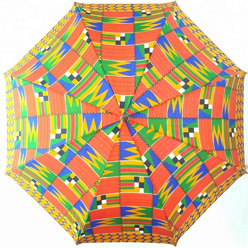 Beautiful Umbrella New Design African Windproof and UV Resistant Ankara Printed Umbrella with Printed Wood Handle Sun Umbrella