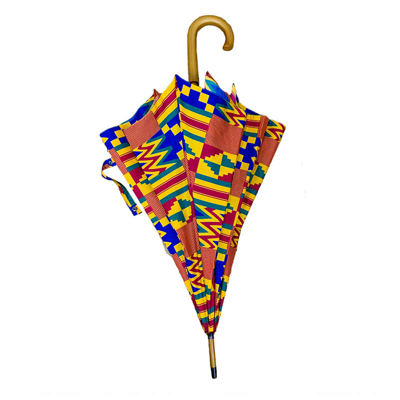 Beautiful Umbrella New Design African Windproof and UV Resistant Ankara Printed Umbrella with Printed Wood Handle Sun Umbrella