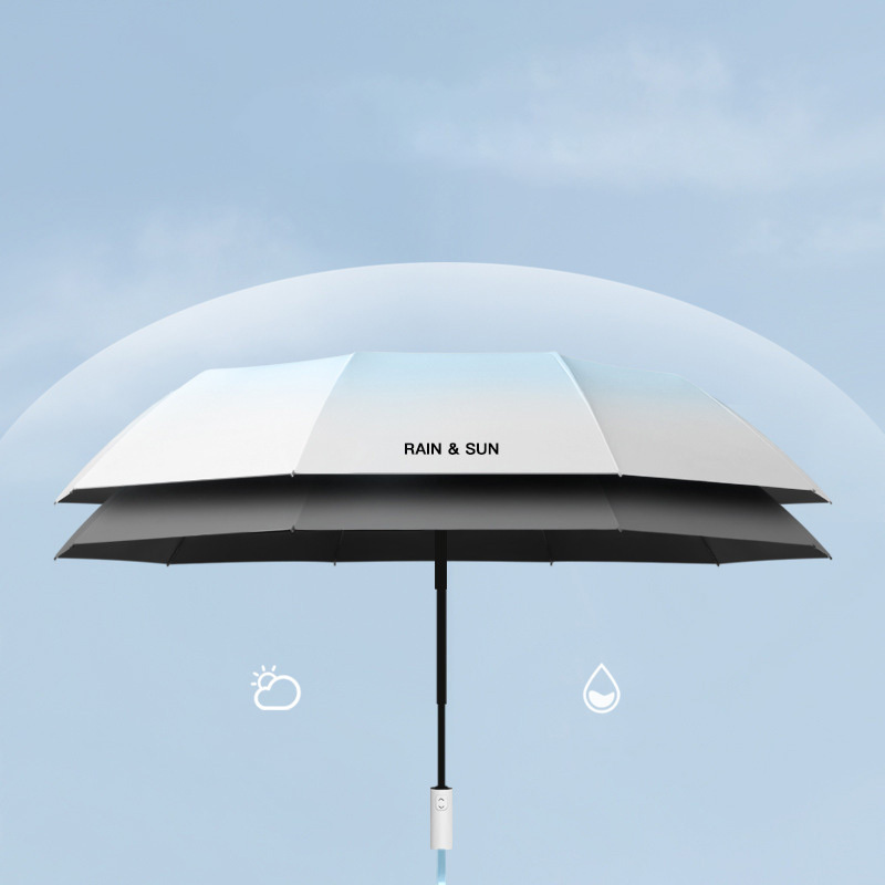 Custom Promotional Automatic 3 Fold Umbrella Gradient Color Portable Safe Contraction Black Coating Sunshade Rainproof Umbrella