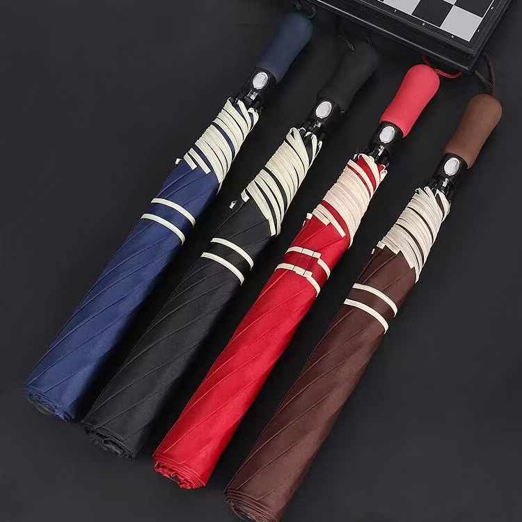 Customized Logo Automatic Business Foldable Golf Umbrella Fiber Windproof Straight Handle Anti-UV Umbrella for Sunny And Rainy