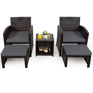 Patio Conversation Bistro Set 5 Pieces Outdoor Rattan Sofa All Weather Furniture Cushioned Chairs Ottomans with Coffee Table