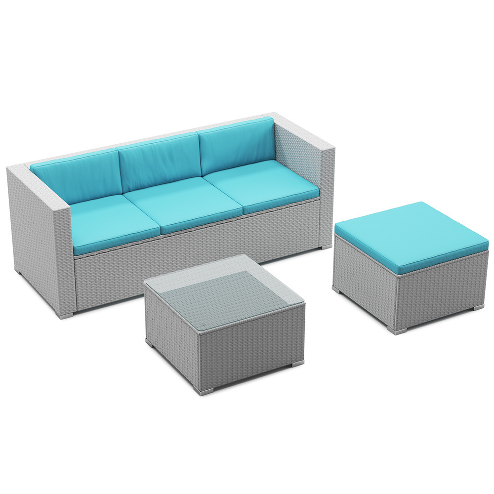 Factory wholesale PE Rattan Woven Table and Chair Black Blue Grey  3 seat Ottoman Coffee Table Outdoor Furniture Garden Set