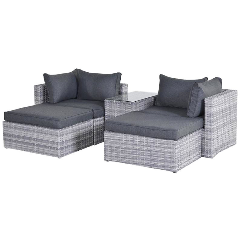 Combines style and functionality 5 Piece Patio Lounge Set with Cushions Poly Rattan  Corner Ottoman and Tea Table