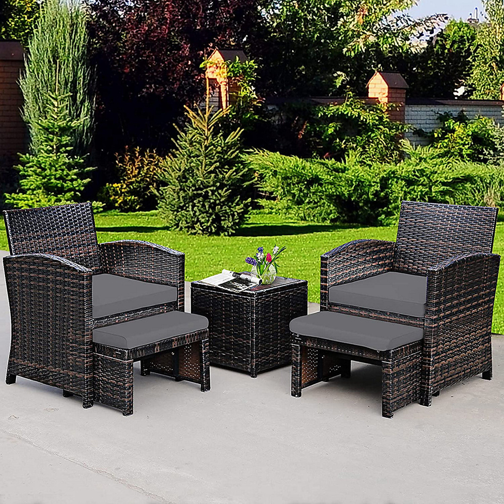 Patio Conversation Bistro Set 5 Pieces Outdoor Rattan Sofa All Weather Furniture Cushioned Chairs Ottomans with Coffee Table