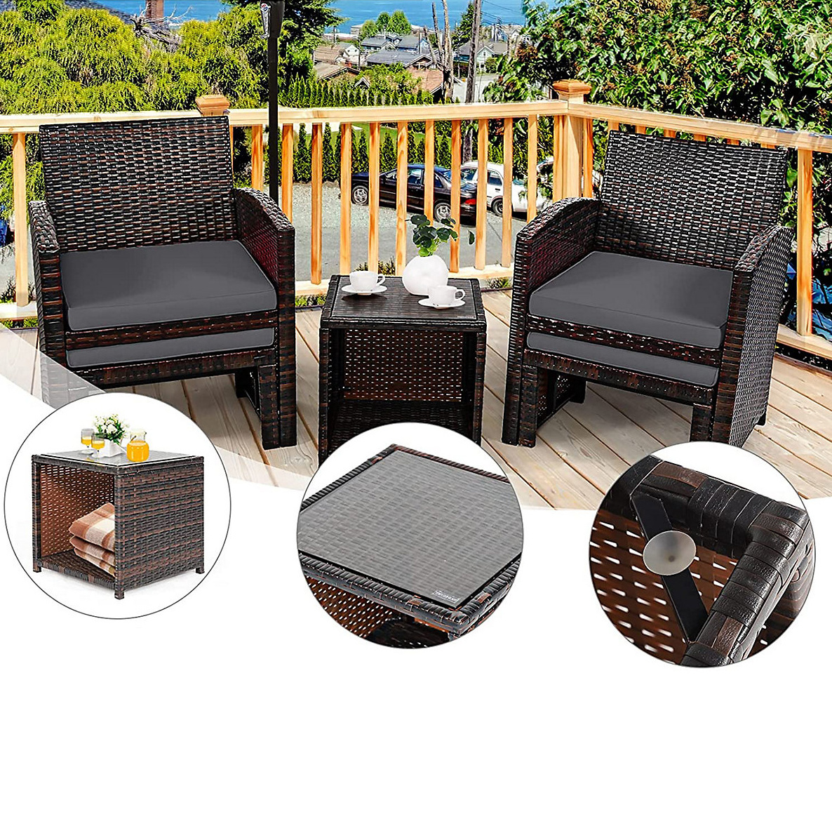 Patio Conversation Bistro Set 5 Pieces Outdoor Rattan Sofa All Weather Furniture Cushioned Chairs Ottomans with Coffee Table