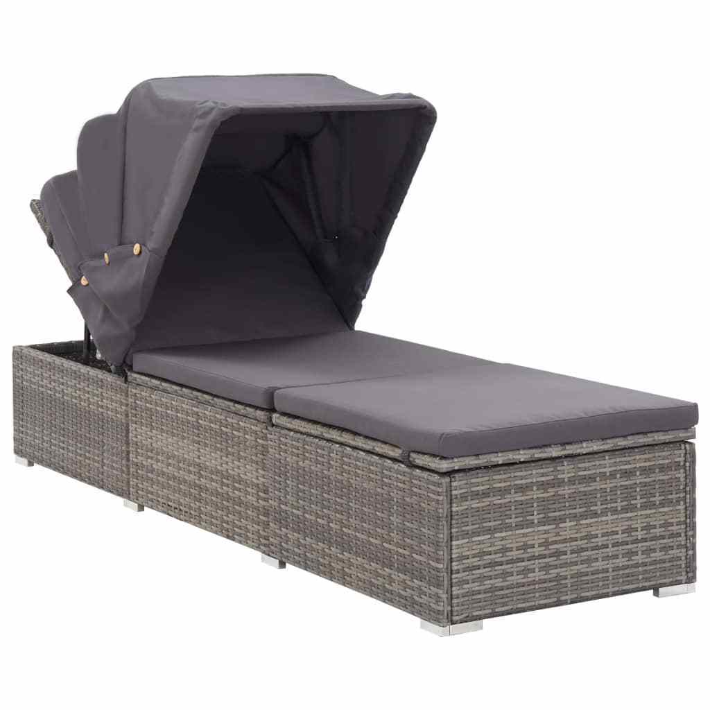 Wholesale Promotion Outdoor Patio Poolside Garden Rattan Furniture Sun Lounger with Canopy and Cushion Waterproof Fabric Sunbed