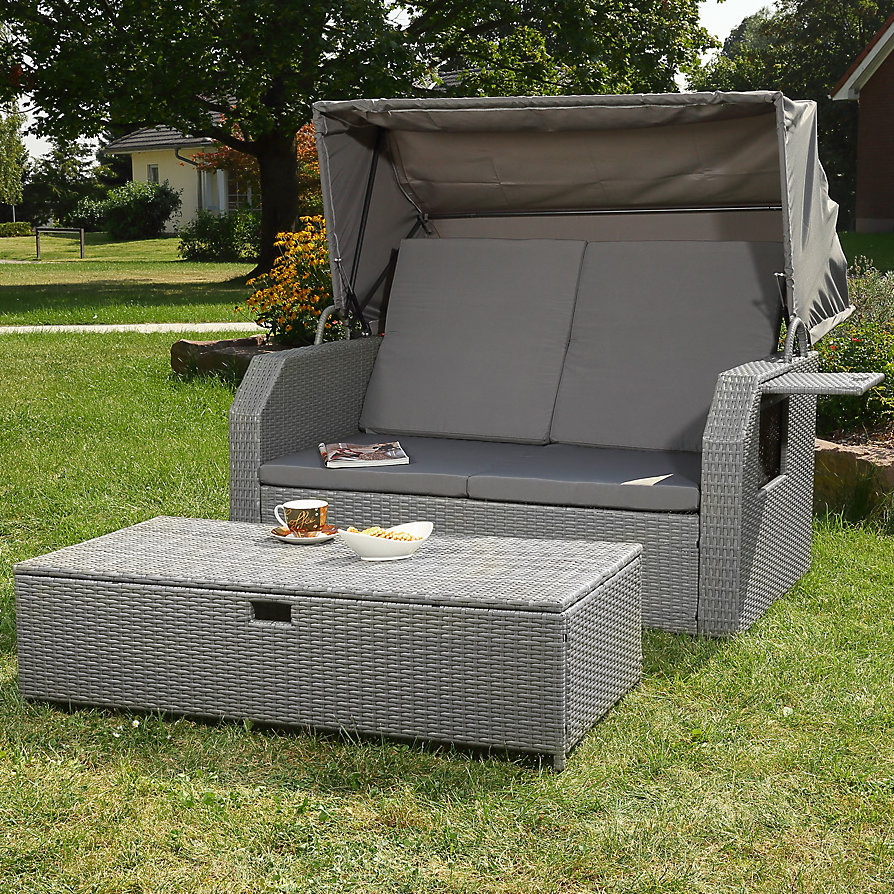 Leisure Outdoor Rattan Double Sun Bed Rattan Wicker Chaise Lounge Garden Poolside Canopy Bed  Sofa Bed With Stool Bench