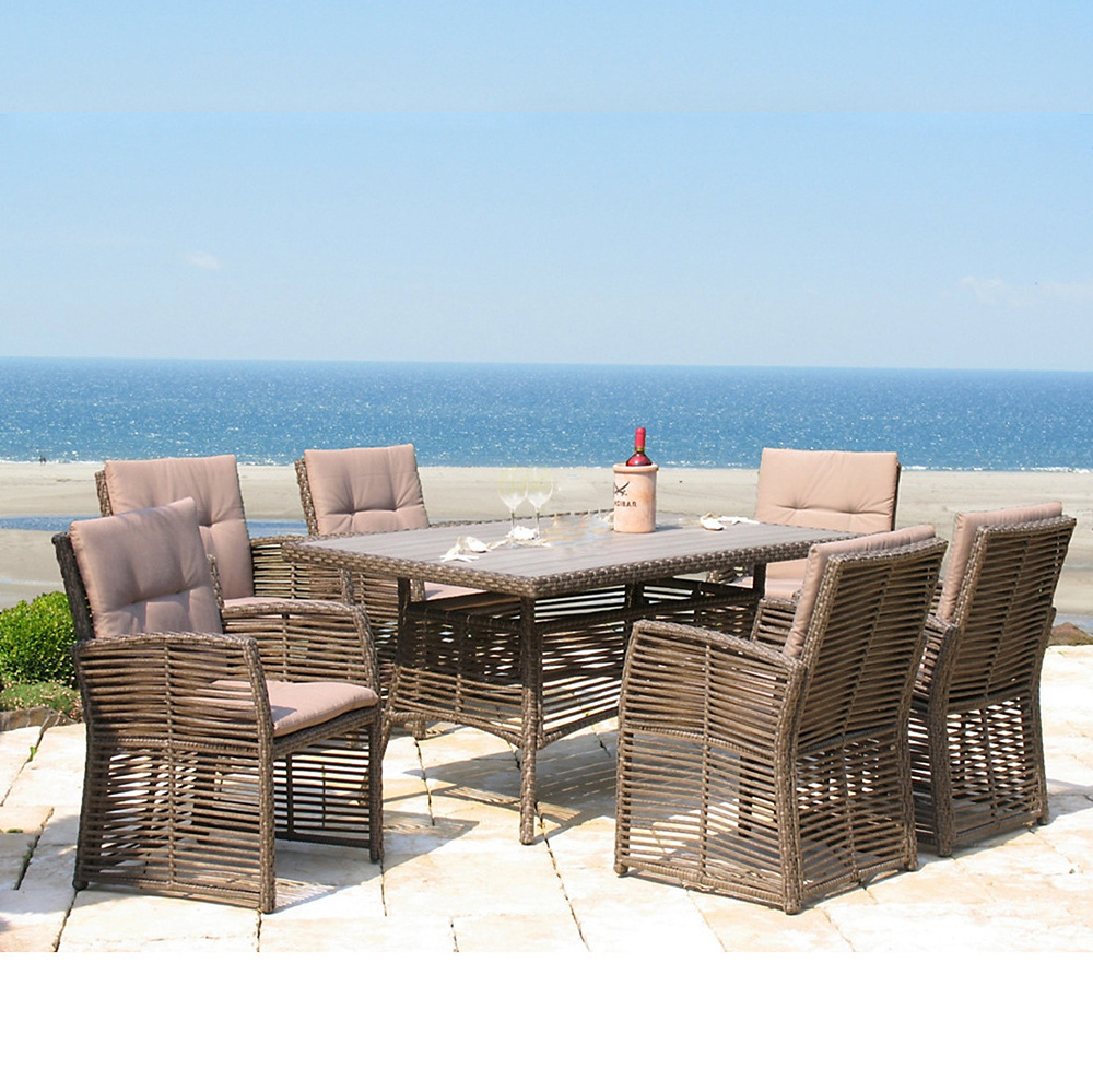 Outside Rattan Dining Table and Chairs 7 Pieces set PE Wicker Poly Wooden Table top Garden Patio Balcony Furniture set