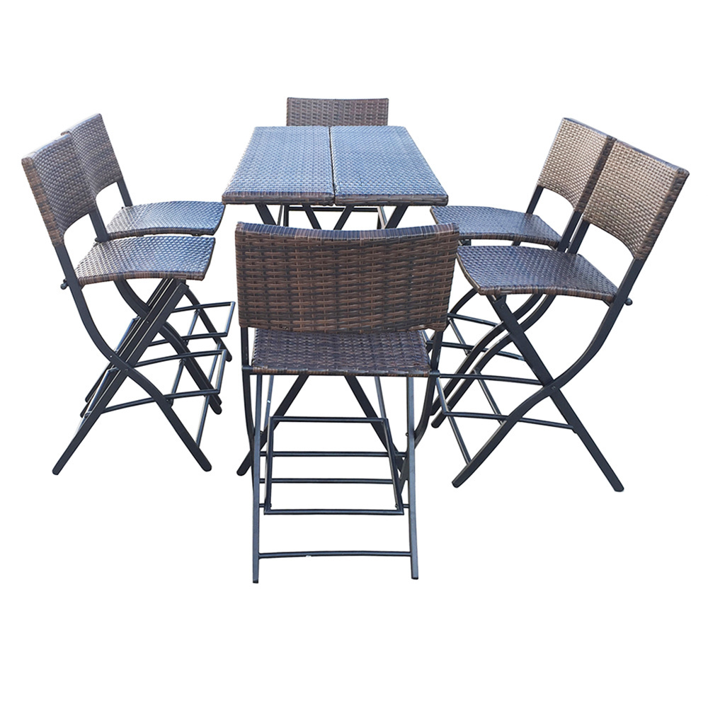 Steel Frame Rattan Dining Table and Chair Folding Space Saving 6 Pieces Set Garden Furniture Dining Leisure Conversation Set