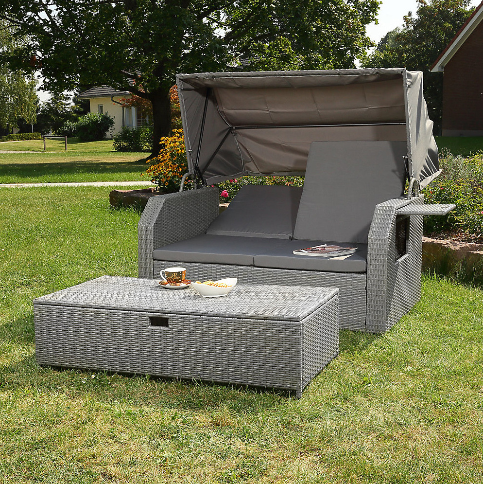 Leisure Outdoor Rattan Double Sun Bed Rattan Wicker Chaise Lounge Garden Poolside Canopy Bed  Sofa Bed With Stool Bench