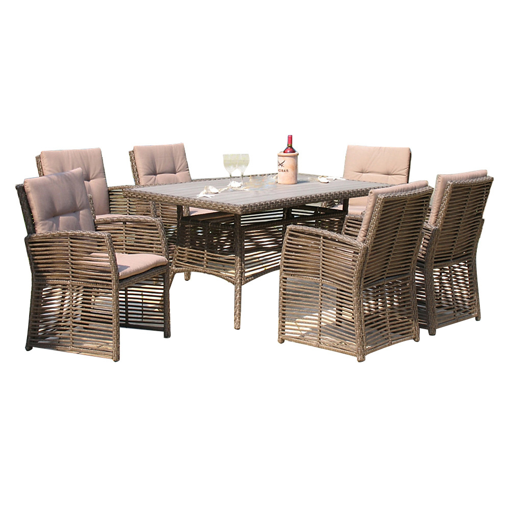 Outside Rattan Dining Table and Chairs 7 Pieces set PE Wicker Poly Wooden Table top Garden Patio Balcony Furniture set