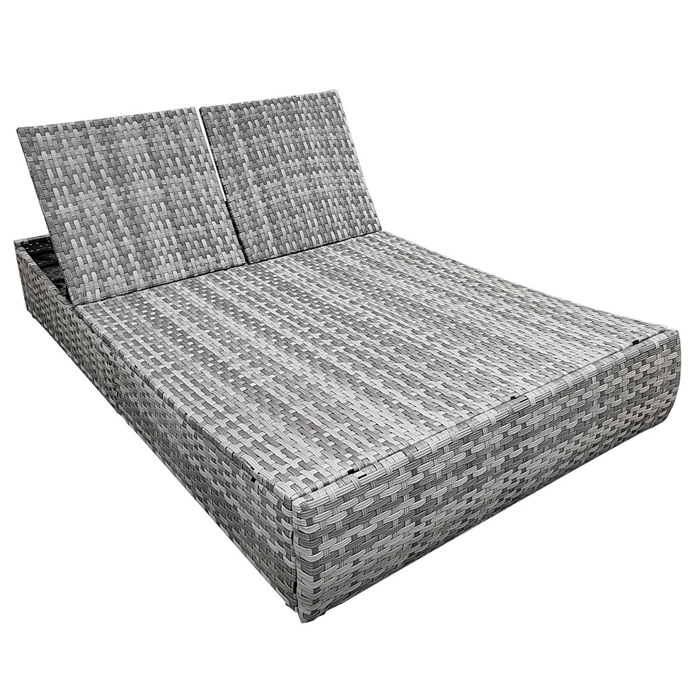 Leisure Outdoor Rattan Double Sun Bed Rattan Wicker Chaise Lounge 2 Person Daybed  Curved Modern Furniture Gray