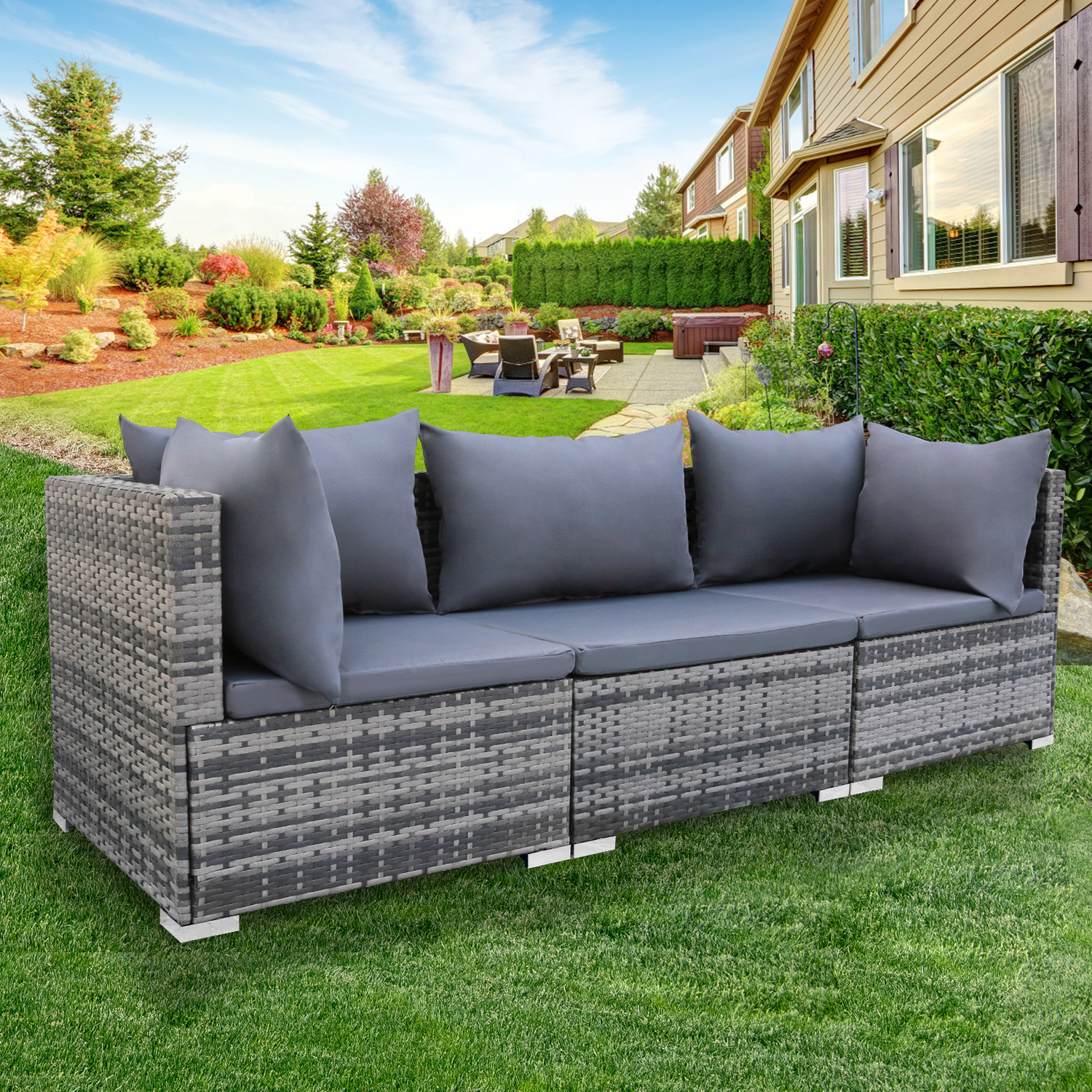 Garden Patio Balcony Corner Furniture Sets Galvanizing Steel Frame Gray PE Wicker Free Combination Sofa Sets