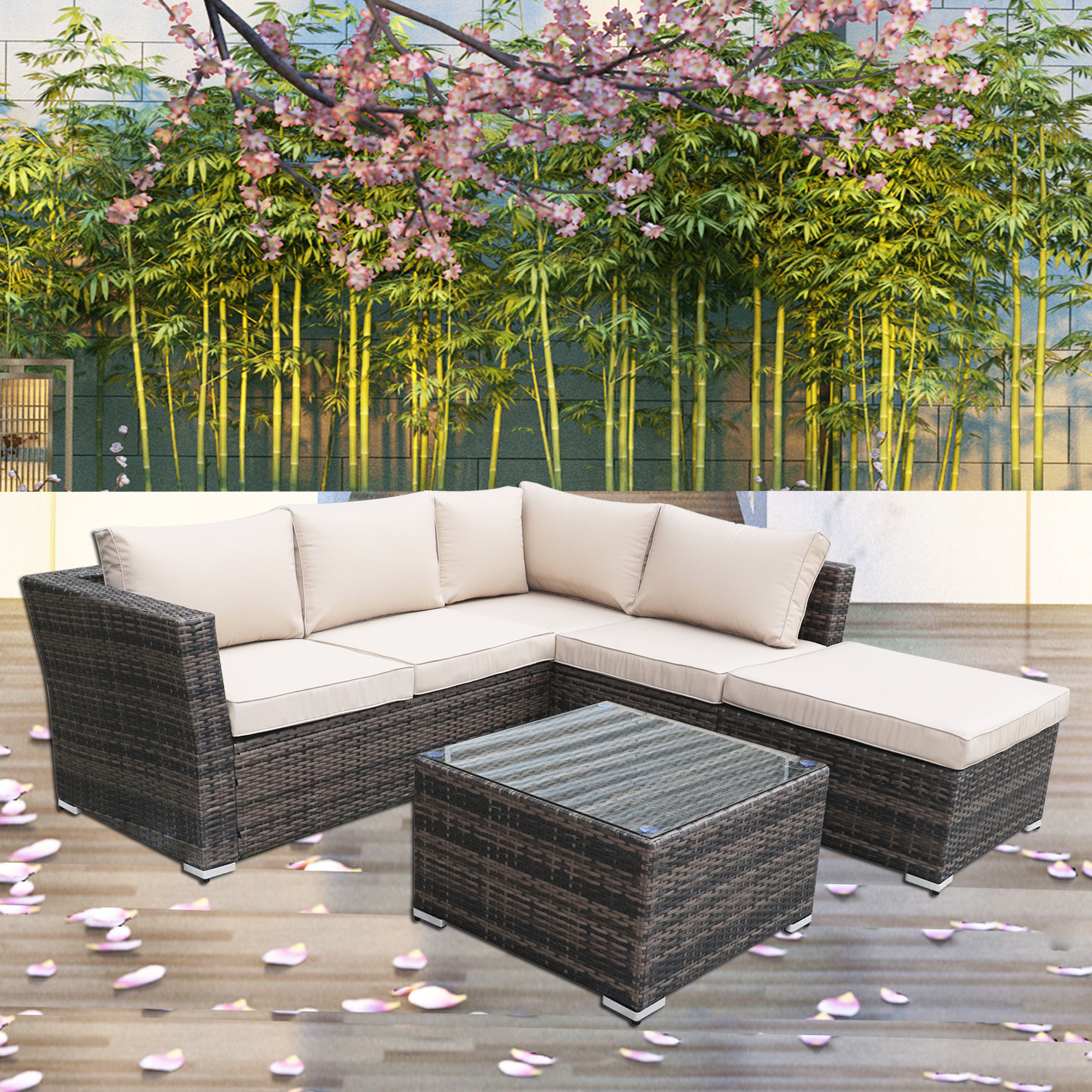 Garden Furniture Set Outdoor Rattan Lounge Set 2 Seat Ottoman With Coffee Table and Weather Resistance Furniture Cover