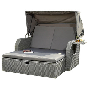 Leisure Outdoor Rattan Double Sun Bed Rattan Wicker Chaise Lounge Garden Poolside Canopy Bed  Sofa Bed With Stool Bench