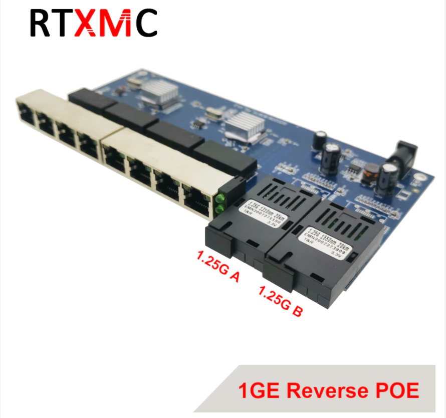 RTXMC Reverse Poe 10/100/1000m Pcba Board Gigabit Switch Ethernet Fiber Optical Media Converter 2 Port 1.25g Sc 8 Rj45