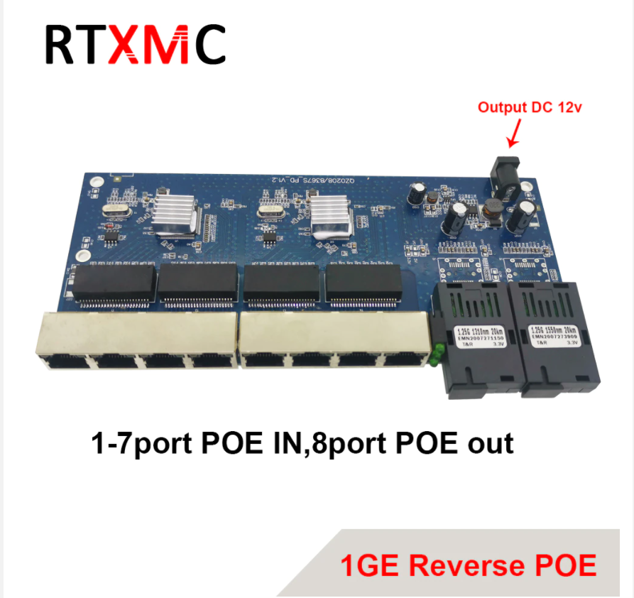 RTXMC Reverse Poe 10/100/1000m Pcba Board Gigabit Switch Ethernet Fiber Optical Media Converter 2 Port 1.25g Sc 8 Rj45