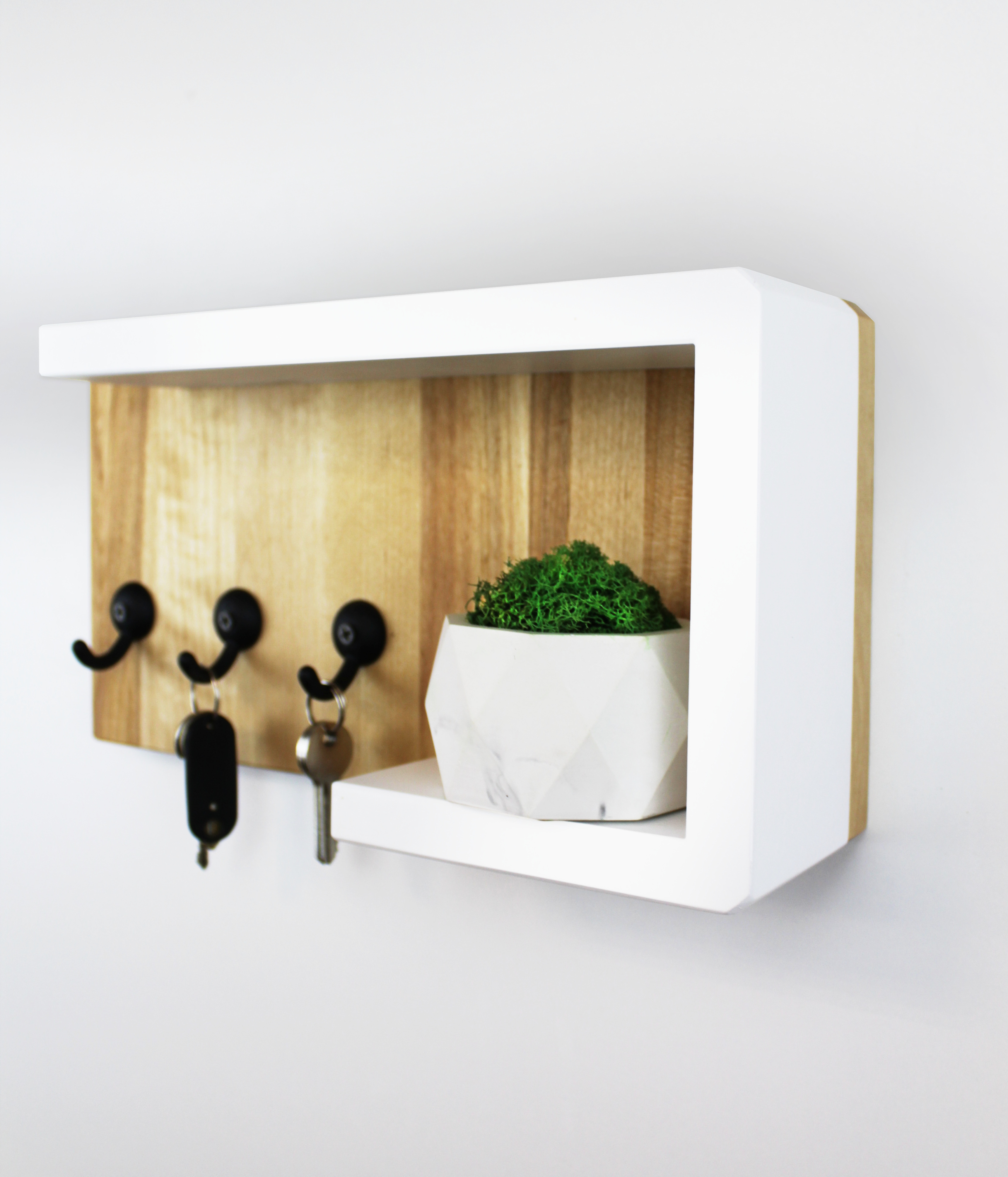 Wall mounted key holder for the hallway white with a wooden shelf organizer hanging and storage for home